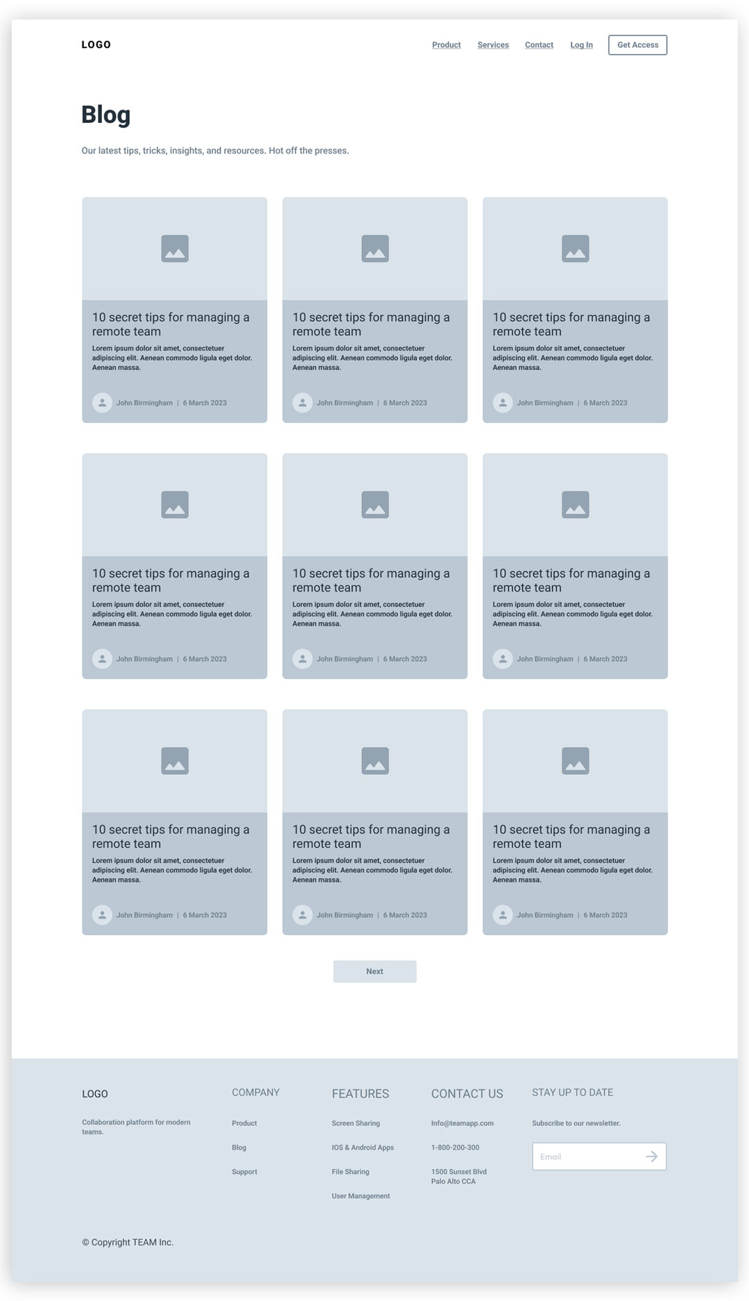 Team App Blog Page Wireframe